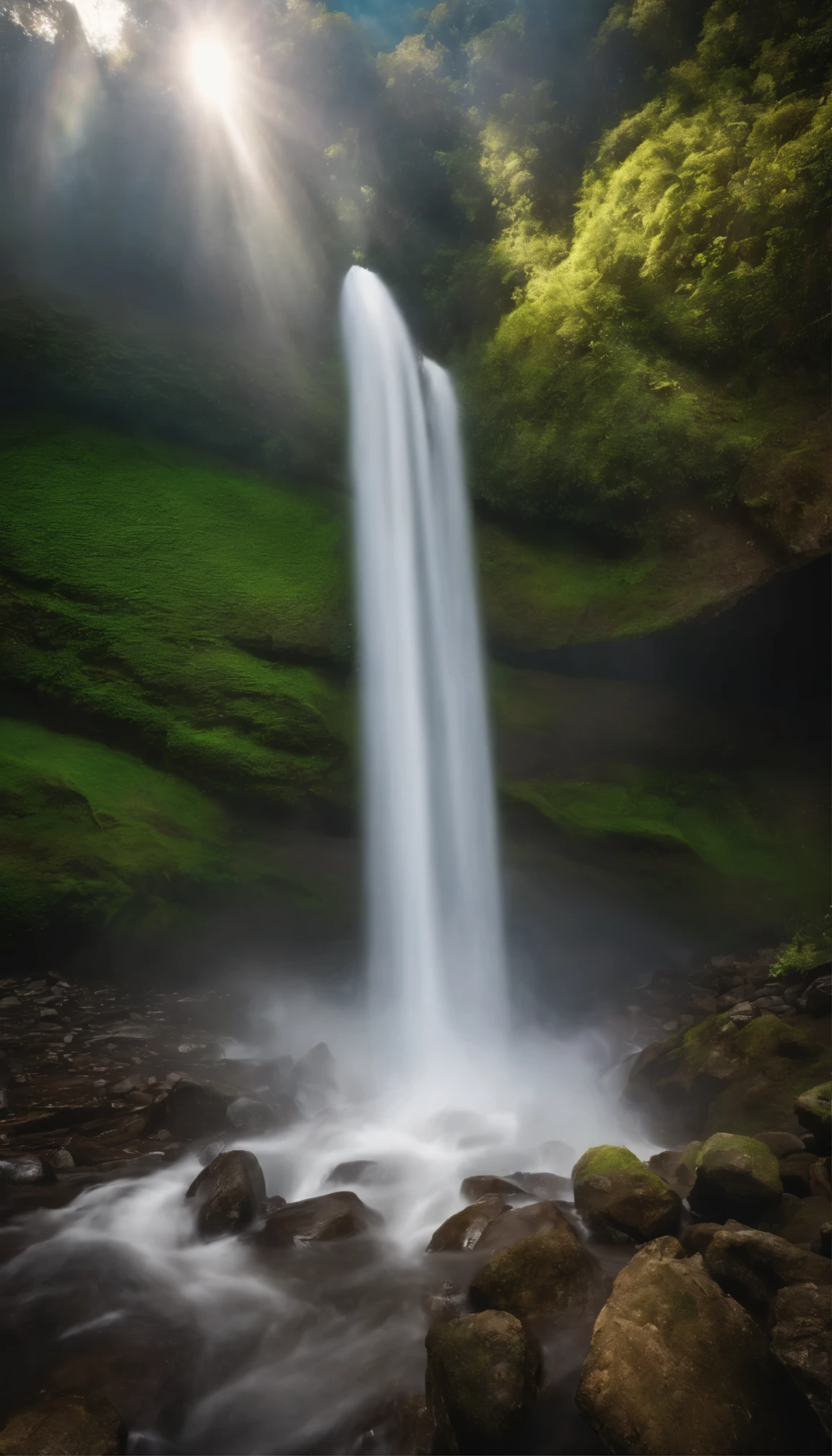 Hyper realistic photograph for news media of a stunning and majestic waterfall landscape, showcasing a powerful cascade of water plunging into a misty basin surrounded by lush greenery, with sunlight creating a rainbow through the spray, , Breathtaking photo, these photographs taken with an SLR or mirrorless camera --ar 4:3 --v 6 --style raw --stylize 50 --no words text watermarks signatures captions subtitles scrolling-tickers logo-mark logo-text description commentary title-statement title-wording
