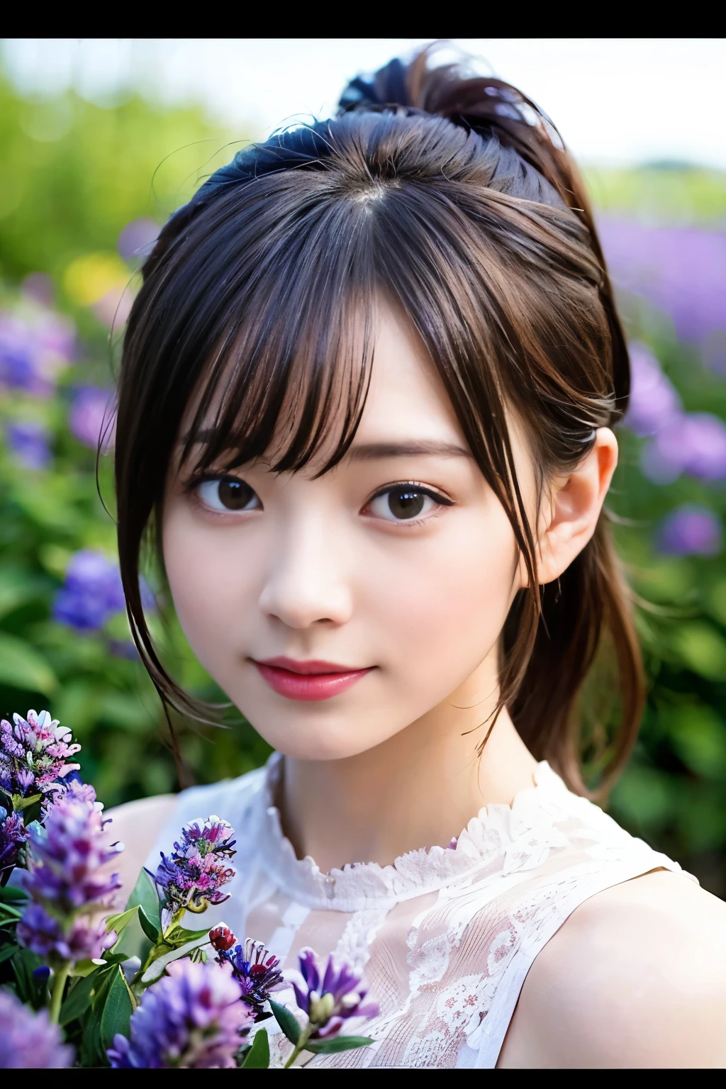 ((masterpiece,best quaLightingy 1.4)), (8k,RAW Photos:1.2), (Realistic,photo Realistic:1.4), Ultra-high resolution , (Highly detailed 8K wallpapers) ,Japanese Idols, Japanese actress, Japanese, very cute, Big eyes, Highly detailed eyes and face, Beautiful eyes in every detail,Shiny skin,Portraiture,(ponytail :1.2),(smile:1.3) ,(Holding a bouquet:1.2),Lighting, Sharp focus, Written boundary depth , (Dynamic Angle:1.4 ). Blur the background, Bokeh, (Pink dress:1.2) ,( In a lavender field during the daytime.)