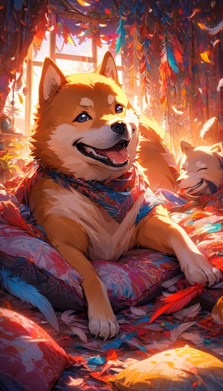 (a cheerful and amused shiba inu),a broken pillow,lots of feathers everywhere,mixed media,ultra-detailed,playful and vibrant colors,warm and soft lighting