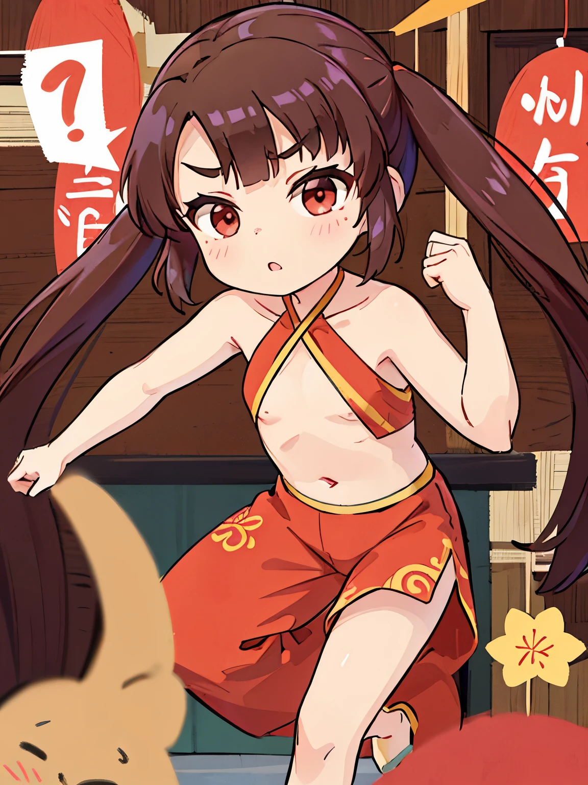 highest quality,masterpiece, Chinatown,Triangle Halter, ,Red eyes, Twin tails, brown hair, bangs, , eyebrows visible through hair, Flat Chest,