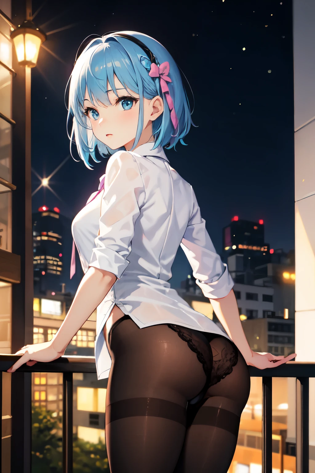 masterpiece, best quality, wallpaper, 1girl, short hair, sky blue hair, sky blue eyes, hair accessories, cute, innocent, blouse, no pants, pantyhose, stockings, 30 years old female, innocent, safe for work, wholesome, city streets, night, standing looking from behind, butt sticking out, pink panty visible,