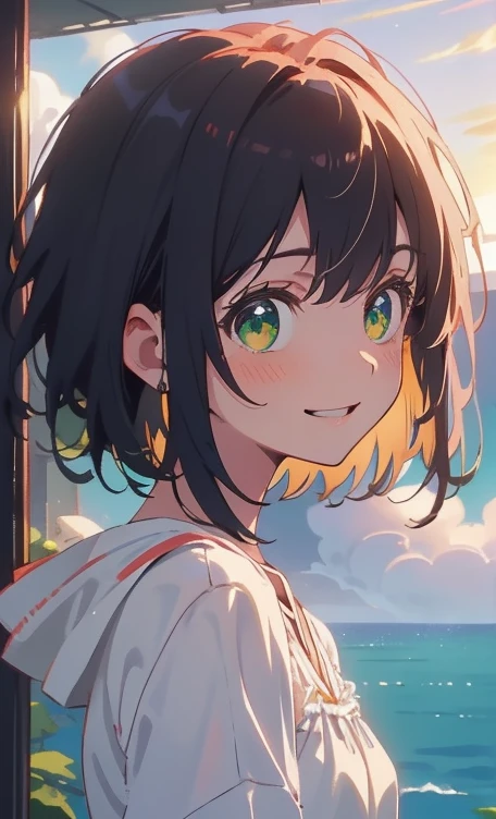 (masterpiece), (highest quality), Ultra-high resolution, Sharp focus, ((1 female, alone)), whole Body, Photo profile shots, Beautiful detailed hair, Chestnut Hair, Fluffy short bob hair, yellow camisole, Black mini skirt, Beautifully detailed face, ((Beautifully shaped eyes, Green Eyes)), Perfect feminine face, Comfortable face, View Viewer, smile, Open your lips, sea in the morning clouds, meteor, Comfortable clothing for cloudy days