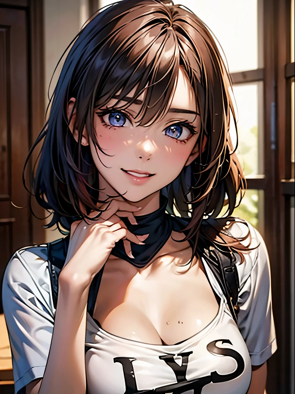 highest quality, Ultra-high resolution, (Realistic: 1.4), beautiful Eyes, Super beautiful, beautiful, lover, Rough chest T-shirt, beautiful Soldier, Eyes that beckon the viewer, loverの視点, Attractive expression, Sexy smile, Perfect Style, Perfect balance, Detailed skin, Mischievous Gaze, I can see your chest