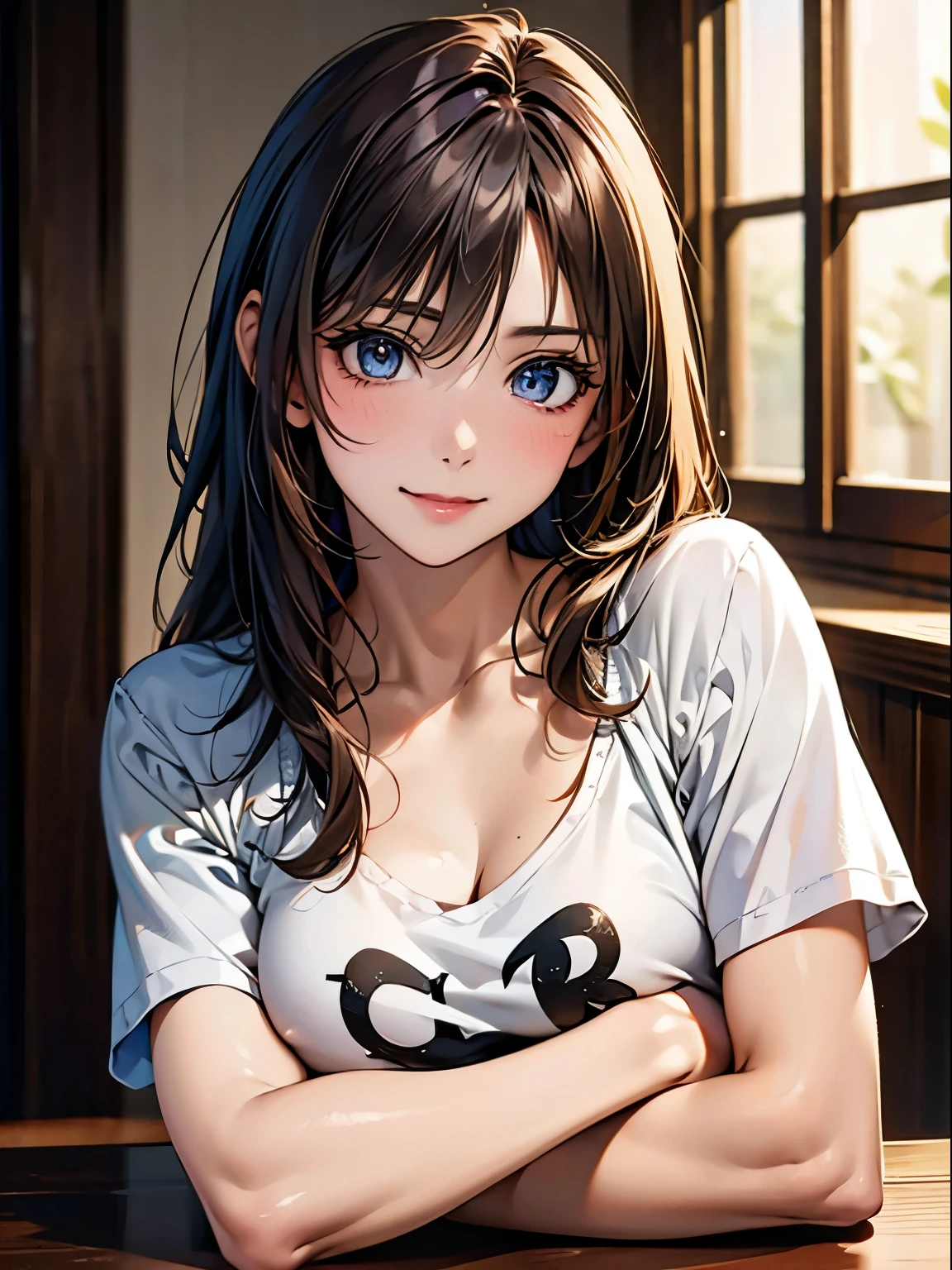 highest quality, Ultra-high resolution, (Realistic: 1.4), beautiful Eyes, Super beautiful, beautiful, lover, Rough chest T-shirt, beautiful Soldier, Eyes that beckon the viewer, loverの視点, Attractive expression, Sexy smile, Perfect Style, Perfect balance, Detailed skin, Mischievous Gaze, I can see your chest