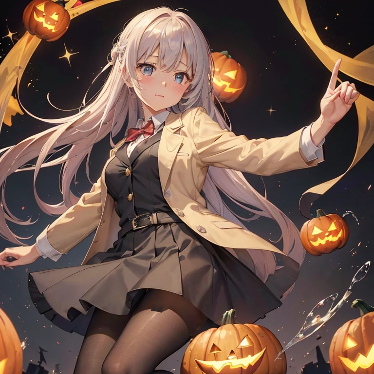 woman,,,city, ((Science Room)), (((Beige blazer school uniform))),Open mouth smiling, ((There are two stray hairs coming out of my head.)), ((hair ornaments)), ((Baby girl body type)), One girl ,destiny,aphrodisiac,Lie,Things to know,Full of sweat,Wet Area, Areol, defenseless,Embarrassing,Be embarrassed,Knead the milk,Milk is important,Len,Breast milk, Knight King,Noble,ring,既婚woman, Pointing straight up, (highest quality:1.1), (masterpiece:1.4), (Absurd:1.0), Portrait, Close-up, One girl、Momoberia Deviluke、hair ornaments、Beautiful Long Hair、Emerald blue eyeid-chest、Watching the audience、(blush:1.2)、Embarrassed look、Mesh pantyhose、Black background、((Pumpkin lantern)), Striped pattern, ((Has a troubled look)), ((There are Western-style sweets everywhere.)), ((Cute gestures))