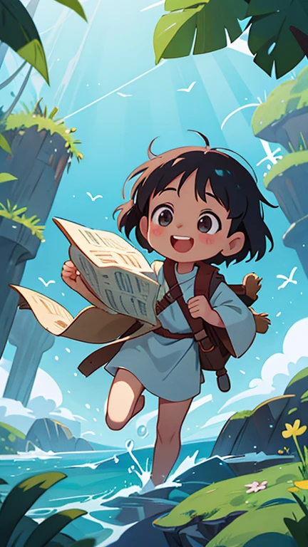 Create an illustration portraying Aulia's joyful return to the village, with a radiant smile on her face. In the background, depict the vast and mysterious ocean she explored, filled with beauty and wonder. Aulia holds her adventure map tightly, symbolizing the courage and excitement of her journey. The scene captures the essence of discovery and the realization that every adventure holds bravery and miracles waiting to be uncovered.