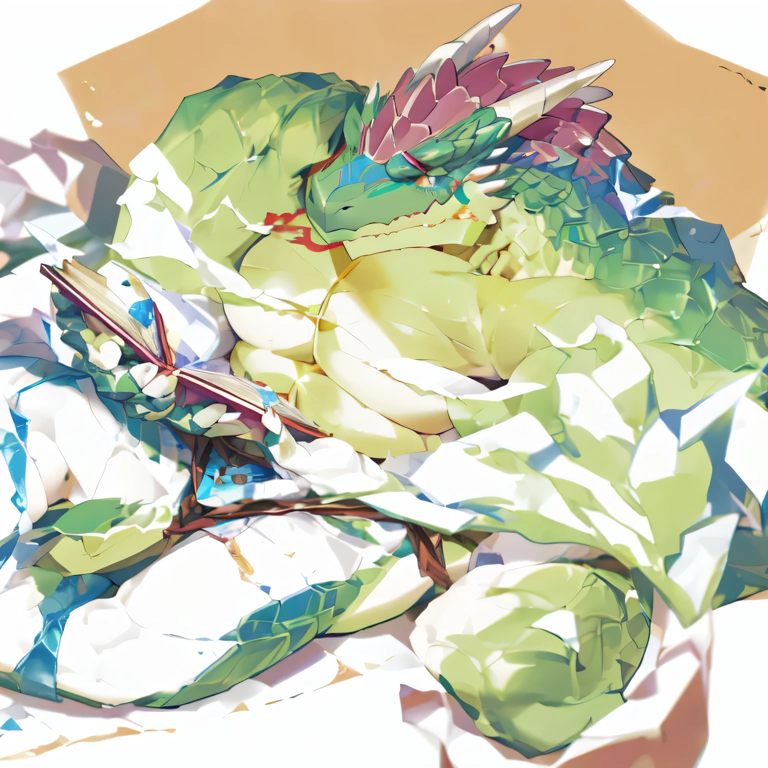 Anime character with a dragon and a book on his back, Detailed fan art, dragon our species, Fat Dragon, Overly detailed art, digesting a small dragon, 4K!, Very detailed and beautiful fan art, Ultra Detailed!!, hairy green belly, commission for high resolution, Dragon in the background, On pixiv, Very detailed!!, high resolution, From the School of Mysterious Creatures,Bookstore Background