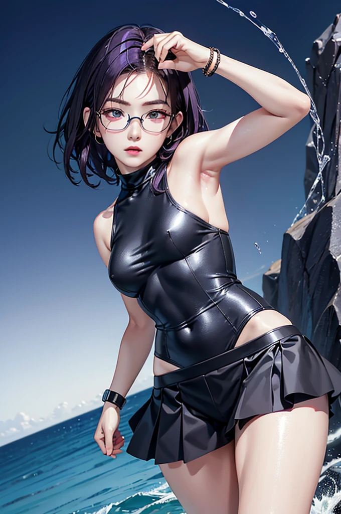 (Finest quality)),(A high resolution),(ultra-detailled art),(Meticulous portrayal),((Best Anime)),(Finest works of art),sharpness,Clear,Ultra-Precision Art,The art of astounding depiction, (Female Ninja in the Dark:1.3),
short Hair,
purple hair, vibrant purple hair, extremely detailed hair, bangs, short hair only, shoulder-length hair,
pretty eyes,
beautiful eyes, detailed eyes, perfect eyes, green eyes, eyeglasses,
pretty face,
beautiful lips, soft lips,pretty face, close up face, korean girl, korean beauty, irene, red velvet irene,serious face,
pretty nose,
beautiful nose, earings, ring,bracelet,
clear skin,
clear skin, white skin, soft skin,
slim body,
small breasts, normal thighs, show navel, perfect body, perfect hands, detailed hands, detailed legs, detailed arms, detailed breasts, detailed thighs, detailed abs, detailed faced, detailed lips, detailed nose, perfect body proportion,
ninja clothes,
ninja outfit, black outfit, black skirt, thigh-level skirt, pretty skirt, detailed skirt, safety shorts, cycling shorts, ninja shorts, long shorts, ninja armor, female ninja suit,reveal shoulders, show slight cleavage, black top, arm sleeves, detailed clothes, detailed skirt, detailed arm sleeves, detailed shorts, detailed bra,
fighting pose,
looking at camera, attack pose, fighting pose,
water element,
water splash behind, in water, big water waves,
standing in water,
lake background, wet look, wet clothes, wet hair,
perfect lightings,
extravagant lights,
super low-angle shot,
looking down,