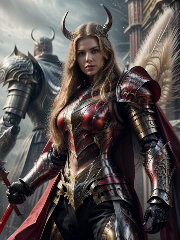 Photorealistic image ((Masterpiece)), ((high quality)) UHD 8K, of a real Viking goddess, Gnna, strong, slim body, skinny waist, model tall, full body, (long blonde hair), (blue eyes), (((Hyper-realistic fantasy full armor, with ivory red metal and intricate details))), ((long fur cape)), ((two-pronged fantasy spear)), (in guardian position, fantastic palace), Photo realistic, Natural lighting, professional DSLR camera., mecha, robot,