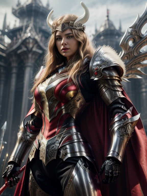 Photorealistic image ((Masterpiece)), ((high quality)) UHD 8K, of a real Viking goddess, Gnna, strong, slim body, skinny waist, model tall, full body, (long blonde hair), (blue eyes), (((Hyper-realistic fantasy full armor, with ivory red metal and intricate details))), ((long fur cape)), ((two-pronged fantasy spear)), (in guardian position, fantastic palace), Photo realistic, Natural lighting, professional DSLR camera., mecha, robot,