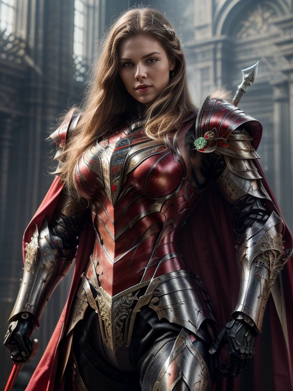 Photorealistic image ((Masterpiece)), ((high quality)) UHD 8K, of a real Viking goddess, Gnna, strong, slim body, skinny waist, model tall, full body, (long blonde hair), (blue eyes), (((Hyper-realistic fantasy full armor, with ivory red metal and intricate details))), ((long fur cape)), ((two-pronged fantasy spear)), (in guardian position, fantastic palace), Photo realistic, Natural lighting, professional DSLR camera., mecha, robot,