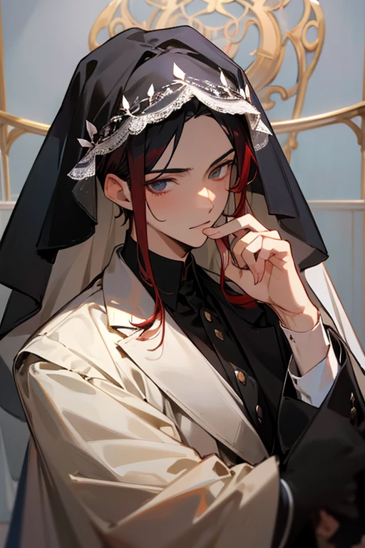 black-haired adonioi、Clear face、detailed face、1 boy、classic、arrogant man、top grade、center division、amount、one man、Glamour、music、Noble、Very beautiful man、Wearing a wedding veil、Nun Model Fashion、Blonde～Red hair gradient、whole body