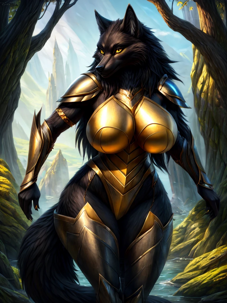 anthropomorphic wolf,full body,female,large breasts,wide hips,sexy,striking pose,seductive gaze,fantasy art style,(best quality,4k,8k,highres,masterpiece:1.2),alluring curves,detailed fur,black fur,armor, perfect eyes, yellow eyes