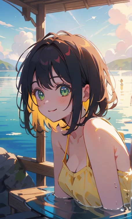 (masterpiece), (highest quality), Ultra-high resolution, Sharp focus, ((1 female, alone)), whole Body, Photo profile shots, Beautiful detailed hair, Chestnut Hair, Fluffy short bob hair, yellow camisole, Black mini skirt, Beautifully detailed face, ((Beautifully shaped eyes, Green Eyes)), Perfect feminine face, Comfortable face, View Viewer, smile, Open your lips, sea in the morning clouds, meteor, Comfortable clothing for cloudy days