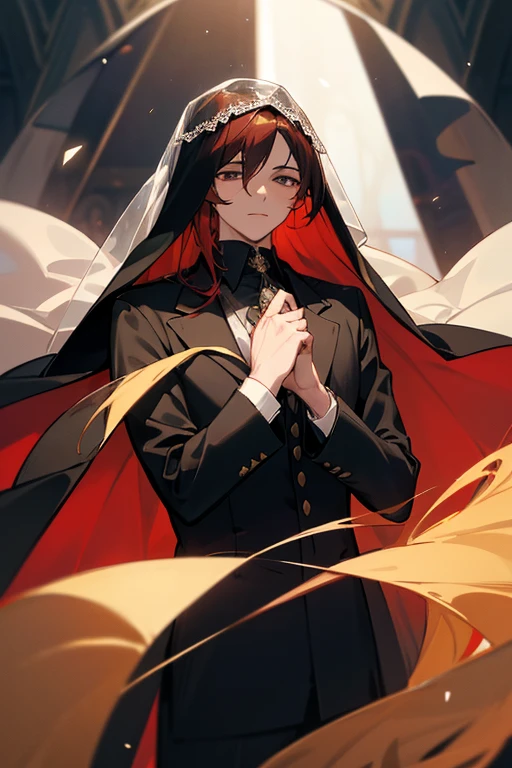 black-haired adonioi、Clear face、detailed face、1 boy、classic、arrogant man、top grade、center division、amount、one man、Glamour、music、Noble、Very beautiful man、Wearing a wedding veil、Nun Model Fashion、Blonde～Red hair gradient、whole body
