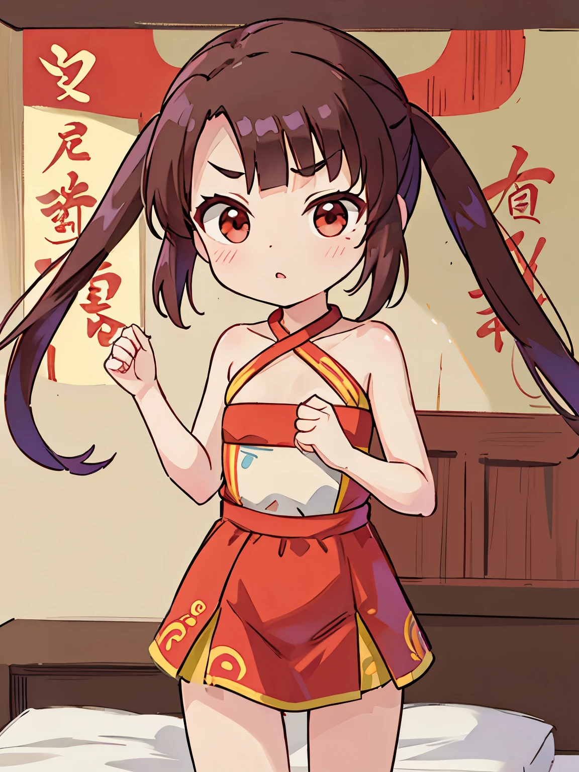 highest quality,masterpiece, Chinatown,Triangle Halter, ,Red eyes, Twin tails, brown hair, bangs, , eyebrows visible through hair, Flat Chest,