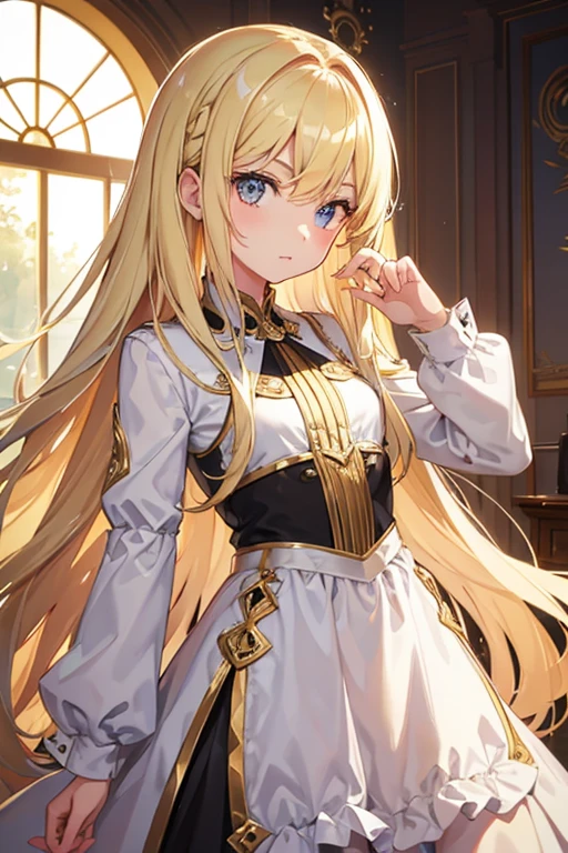 1girl, blonde with hair at two heights, golden eyes, arrogant pose