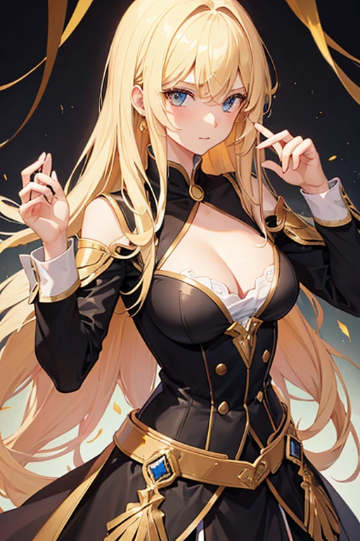 1girl, blonde with hair at two heights, golden eyes, arrogant pose