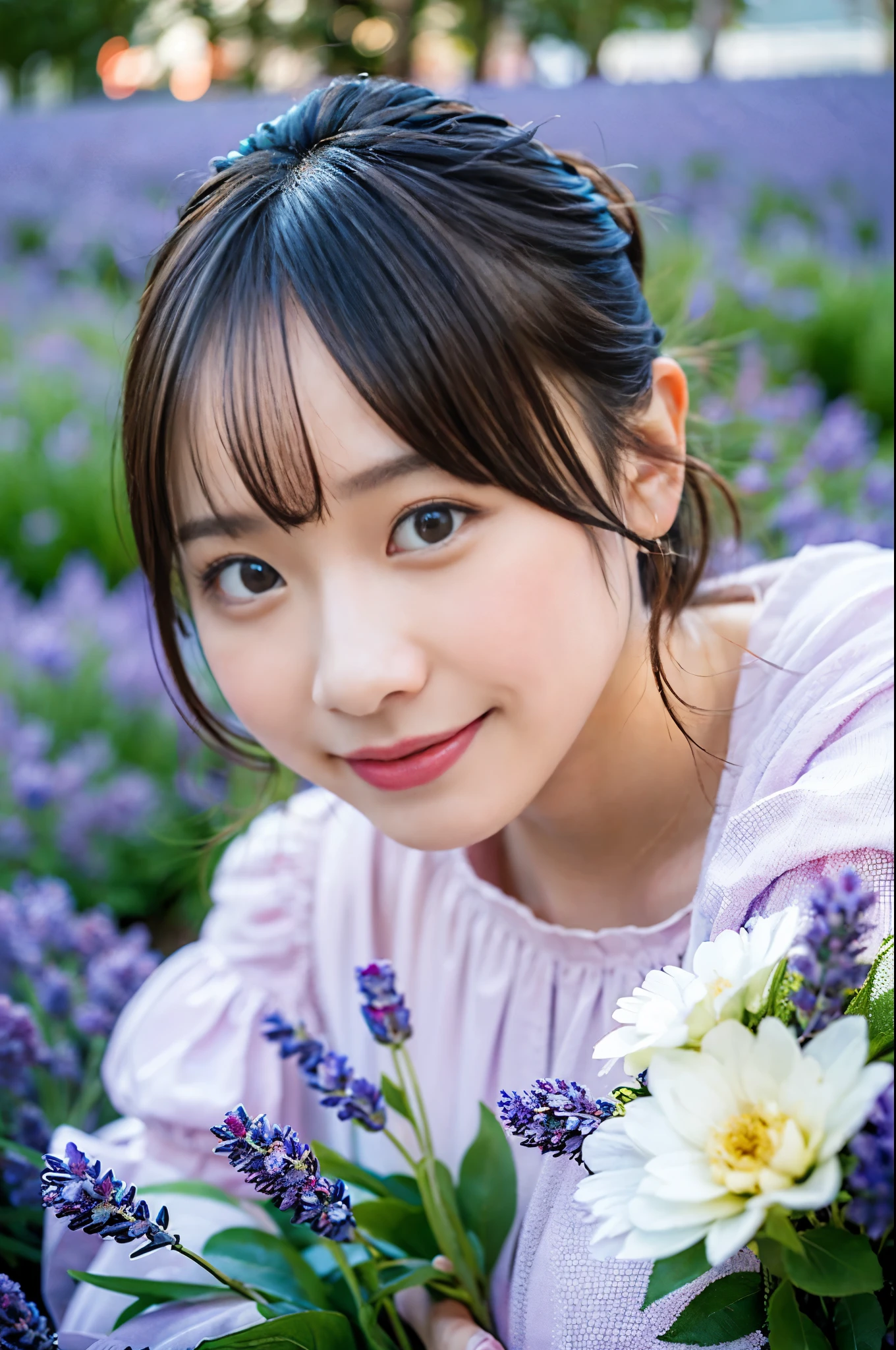 ((masterpiece,best quaLightingy 1.4)), (8k,RAW Photos:1.2), (Realistic,photo Realistic:1.4), Ultra-high resolution , (Highly detailed 8K wallpapers) ,Japanese Idols, Japanese actress, Japanese, very cute, Big eyes, Highly detailed eyes and face, Beautiful eyes in every detail,Shiny skin,Portraiture,(ponytail :1.2),(smile:1.3) ,(Holding a bouquet:1.2),Lighting, Sharp focus, Written boundary depth , (Dynamic Angle:1.4 ). Blur the background, Bokeh, (Pink dress:1.2) ,( In a lavender field during the daytime.)