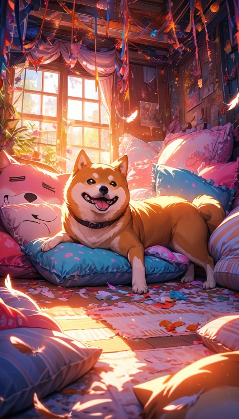 (a cheerful and amused shiba inu),a broken pillow,lots of pillow feathers everywhere,ultra-detailed,playful and vibrant colors,warm and soft lighting
