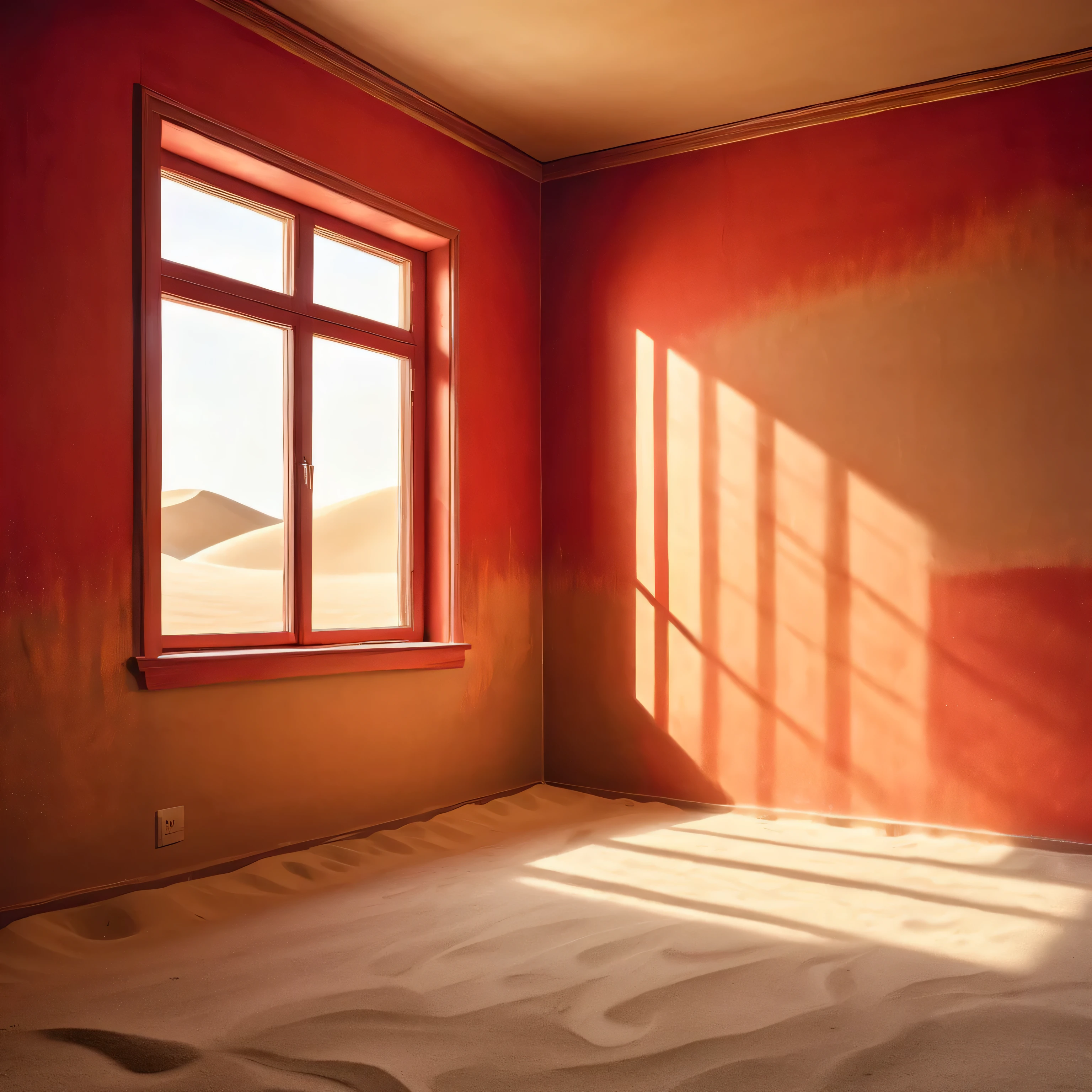 red painted empty room, sand filled room, sand in through window, best quality, ultra-detailed, realistic:1.37, HDR, professional, vivid colors, portraits, warm color tone, soft lighting