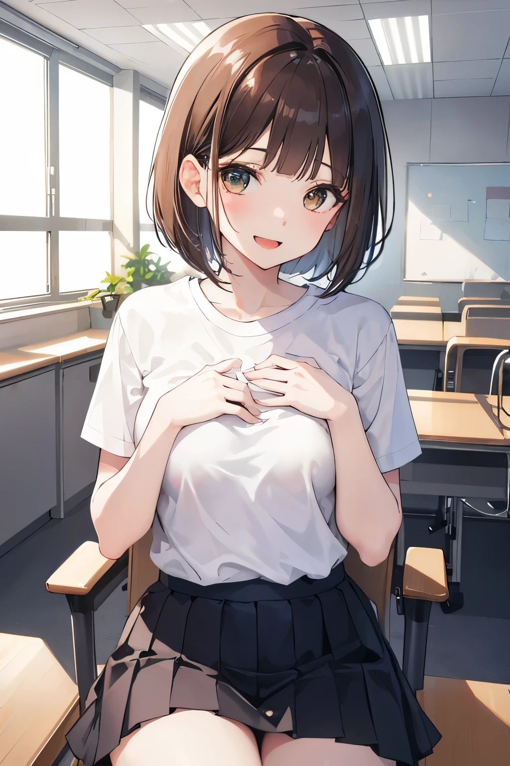 frame in, from right in front of face and body, view straight on, upper body, High quality, very high res, High quality, very high res, cute girl, brown hair, forehead, blunt bangs, bob cut, blush, Brushed up bangs, (white wearing a plain t-shirt), upright, pleated skirt, work desk, sitting in a work chair, (((put pov hand on girls chest))), smiling and opening mouth, at office