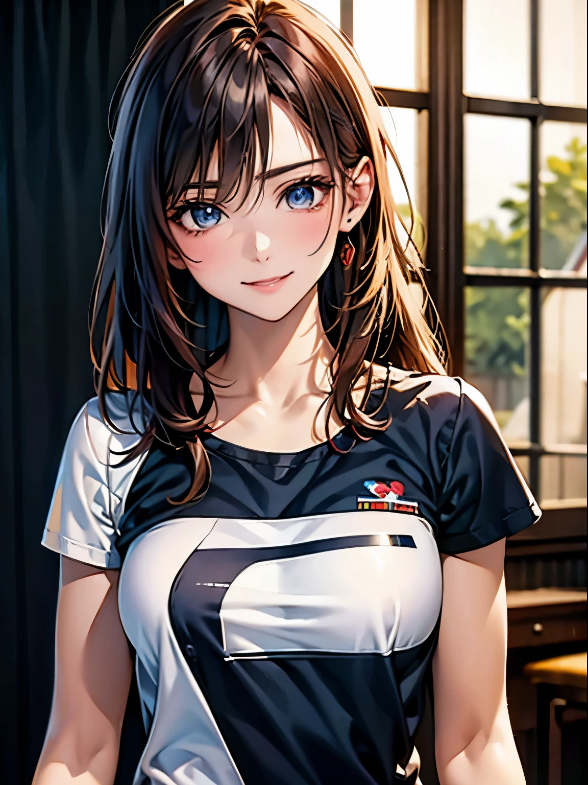 highest quality, Ultra-high resolution, (Realistic: 1.4), beautiful Eyes, Super beautiful, beautiful, lover, Rough chest T-shirt, beautiful Soldier, Eyes that beckon the viewer, loverの視点, Attractive expression, Sexy smile, Perfect Style, Perfect balance, Detailed skin, Mischievous Gaze, I can see your chest