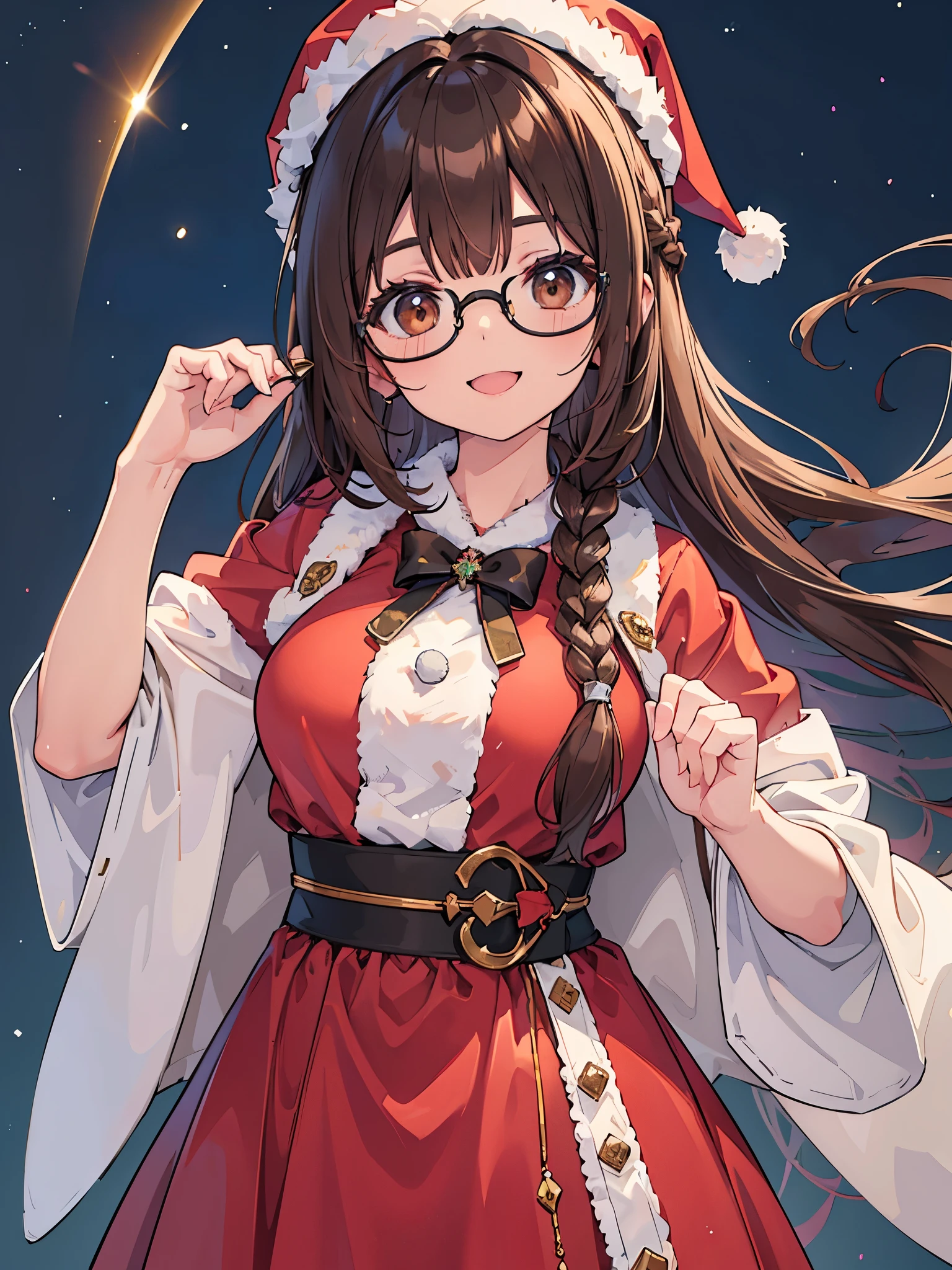 1 Female、Brown hair、Brown Eyes、Best Quality、Super detailed、8 Resolution、Raw photo、Mastepiece、Perfect Body、high resolution、highest quality、Detailed drawing、Vibrant colors、lure、smile、Braid、Black-rimmed glasses、Captivating breasts、Santa clothes