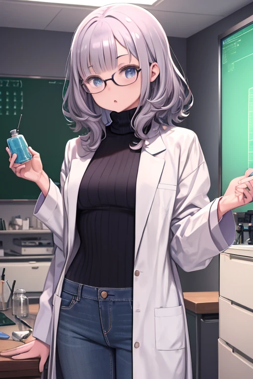 masterpiece、highest quality、High resolution、Very detailed、Girl、Medium wide shot、Cowboy Shot、、Fluffy hair、Loose fluffy curledium Hair、Glasses、Turtleneck sweater、jeans、Clothes that fit the body、White、Panic、indoor、lab coat、Laboratory instrument、Science Room、Have a flask、Smoke coming out of the flask、