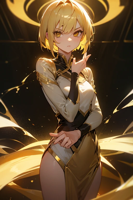 1girl, blonde, short hair with two longer strands, golden eyes, arrogant pose
