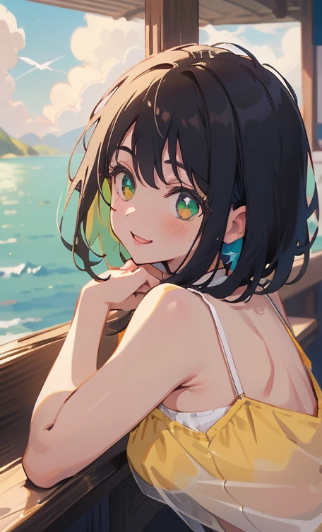 (masterpiece), (highest quality), Ultra-high resolution, Sharp focus, ((1 female, alone)), whole Body, Photo profile shots, Beautiful detailed hair, Chestnut Hair, Fluffy short bob hair, yellow camisole, Black mini skirt, Beautifully detailed face, ((Beautifully shaped eyes, Green Eyes)), Perfect feminine face, Comfortable face, View Viewer, smile, Open your lips, sea in the morning clouds, meteor, Comfortable clothing for cloudy days, sexy pose