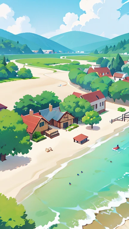 Create an illustration portraying a small village by the beach