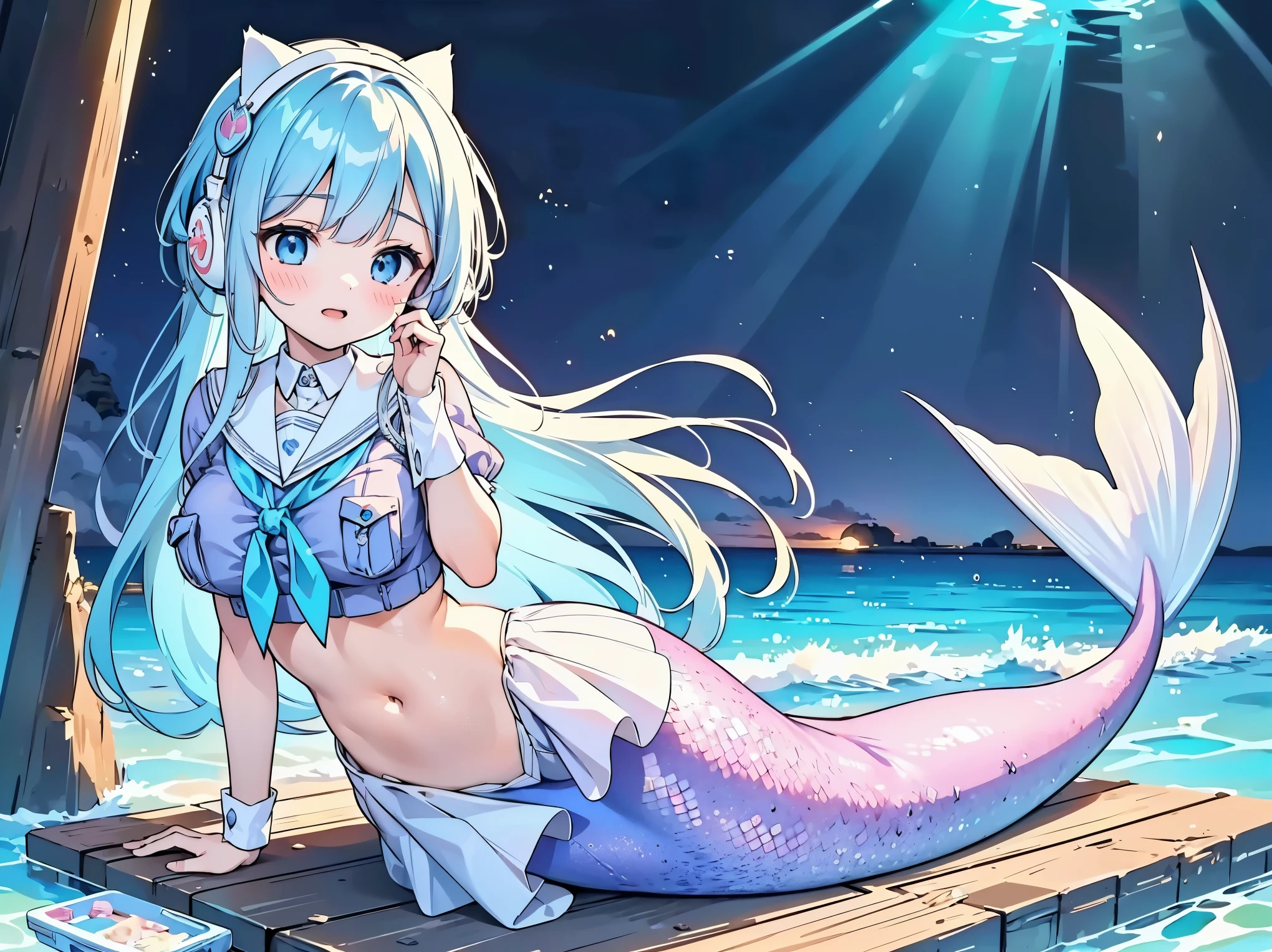 masterpiece, best quality,(Full fingers),A girl,Large Breasts,Mermaid,蓝色Mermaid尾巴,Cat ear headphones, Blue shirt, Sailor collar,Wrist sleeves,charming face(Kawaii, charming,Soft),Underwater,swim