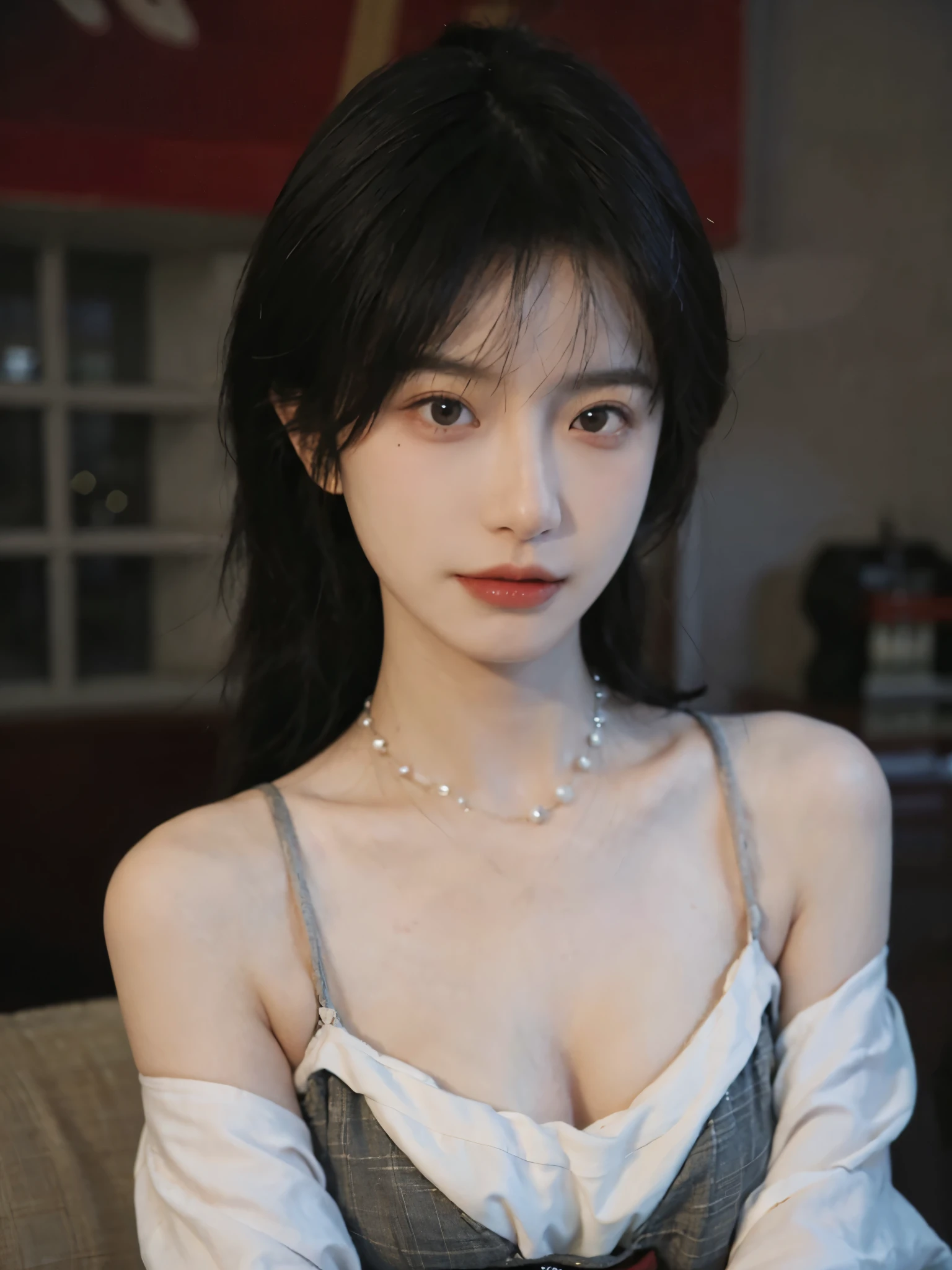 Film portrait photography, 2 girls, Bare shoulders,Lipstick,(big chest:1.4), Wear a necklace,Cute expression,Exquisite makeup,Red suspenders,serene, calm, (Realistic and detailed eyes, Natural skin texture, Realistic facial details), Big breasts:1.6,Big Breasts,Soft dramatic lighting, Depth of Field, Bokeh, Vibrant details, Detailed and detailed, Surreal, 35mm film, hazy, ,