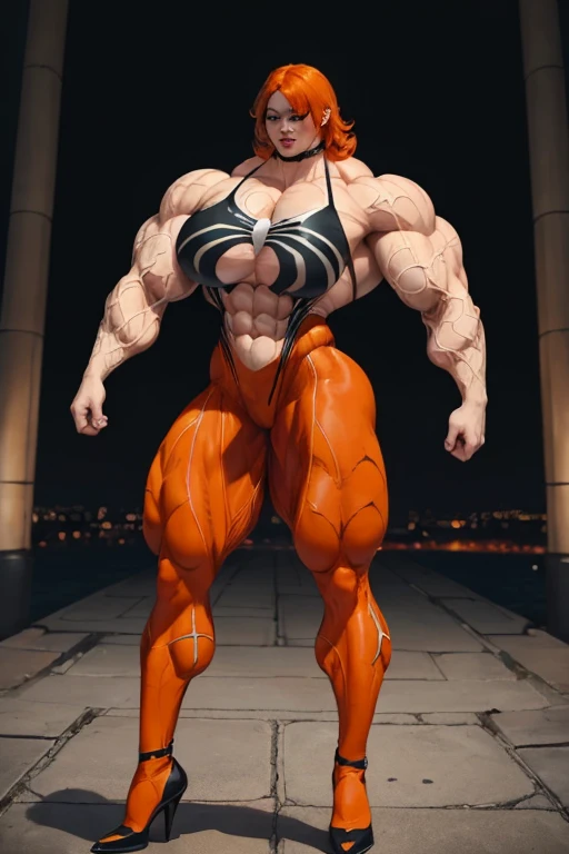 ((((Massive, beautiful, buff, pale white skinned, muscular woman with orange hair, black lipstick, ginormous bulky muscles and wearing an orange Spider-man suit with pants)))), vascular body, massive muscle, massive biceps, hyper muscle triceps, (shaggy long hair), green eyes, (Spider-Man suit), high heels boots, city, at midnight, smirk, hyper muscles arms, hyper muscle legs, ginormous buff arms.