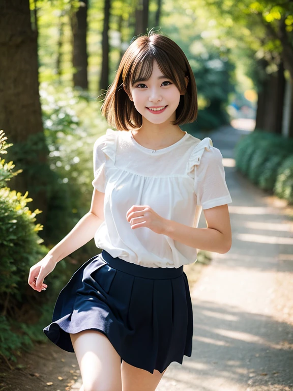 Realistic photo quality、20 year old Japanese model、Idol、Blur the background a lot、 One beautiful woman、Cute Smile、Frilled dresini skirt、Hands, feet and beautiful face of a person、The whole body of the person、forest path、looking at the camera、Sprinting towards here、short hair、Brunette Hair、View the photographer