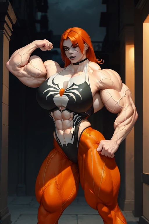 ((((Massive, beautiful, buff, pale white skinned, muscular woman with orange hair, black lipstick, ginormous bulky muscles and wearing an orange Spider-man suit with pants)))), (close view), massive muscle, massive biceps, hyper muscle triceps, (shaggy long hair), green eyes, (Spider-Man suit), high heels boots, city, at midnight, smirk, hyper muscles arms, hyper muscle legs, ginormous buff arms.
