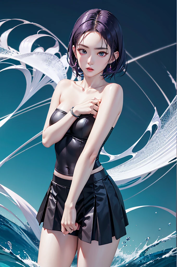 (Finest quality)),(A high resolution),(ultra-detailled art),(Meticulous portrayal),((Best Anime)),(Finest works of art),sharpness,Clear,Ultra-Precision Art,The art of astounding depiction, (Female Ninja in the Dark:1.3),
short Hair,
purple hair, vibrant purple hair, extremely detailed hair, bangs, short hair only, shoulder-length hair,
pretty eyes,
beautiful eyes, detailed eyes, perfect eyes, green eyes, eyeglasses,
pretty face,
beautiful lips, soft lips,pretty face, close up face, korean girl, korean beauty, irene, red velvet irene,serious face,
pretty nose,
beautiful nose, earings, ring,bracelet,
clear skin,
clear skin, white skin, soft skin,
slim body,
small breasts, normal thighs, show navel, perfect body, perfect hands, detailed hands, detailed legs, detailed arms, detailed breasts, detailed thighs, detailed abs, detailed faced, detailed lips, detailed nose, perfect body proportion,
ninja clothes,
ninja outfit, black outfit, black skirt, thigh-level skirt, pretty skirt, detailed skirt, safety shorts, cycling shorts, ninja shorts, long shorts, ninja armor, female ninja suit,reveal shoulders, show slight cleavage, black top, arm sleeves, detailed clothes, detailed skirt, detailed arm sleeves, detailed shorts, detailed bra,
fighting pose,
looking at camera, attack pose, fighting pose,
water element,
water splash behind, in water, big water waves,
standing in water,
lake background, wet look, wet clothes, wet hair,
perfect lightings,
extravagant lights,
super low-angle shot,
looking down,
