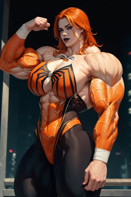 ((((Massive, beautiful, buff, pale white skinned, muscular woman with orange hair, black lipstick, ginormous bulky muscles and wearing an orange Spider-man suit with pants)))), (close view), massive muscle, massive biceps, hyper muscle triceps, (shaggy long hair), green eyes, (Spider-Man suit), high heels boots, city, at midnight, smirk, hyper muscles arms, hyper muscle legs, ginormous buff arms.