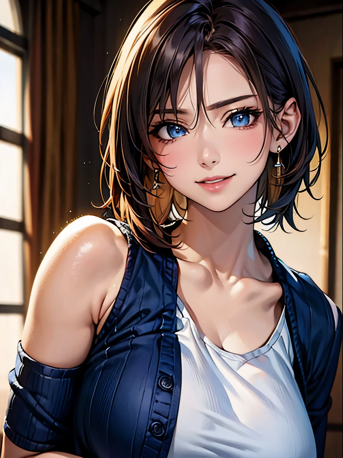 highest quality, Ultra-high resolution, (Realistic: 1.4), beautiful Eyes, Super beautiful, Very short hair, beautiful, lover, Rough chest T-shirt, beautiful Soldier, Eyes that beckon the viewer, loverの視点, Attractive expression, Sexy smile, Perfect Style, Perfect balance, Detailed skin, Mischievous Gaze, I can see your chest