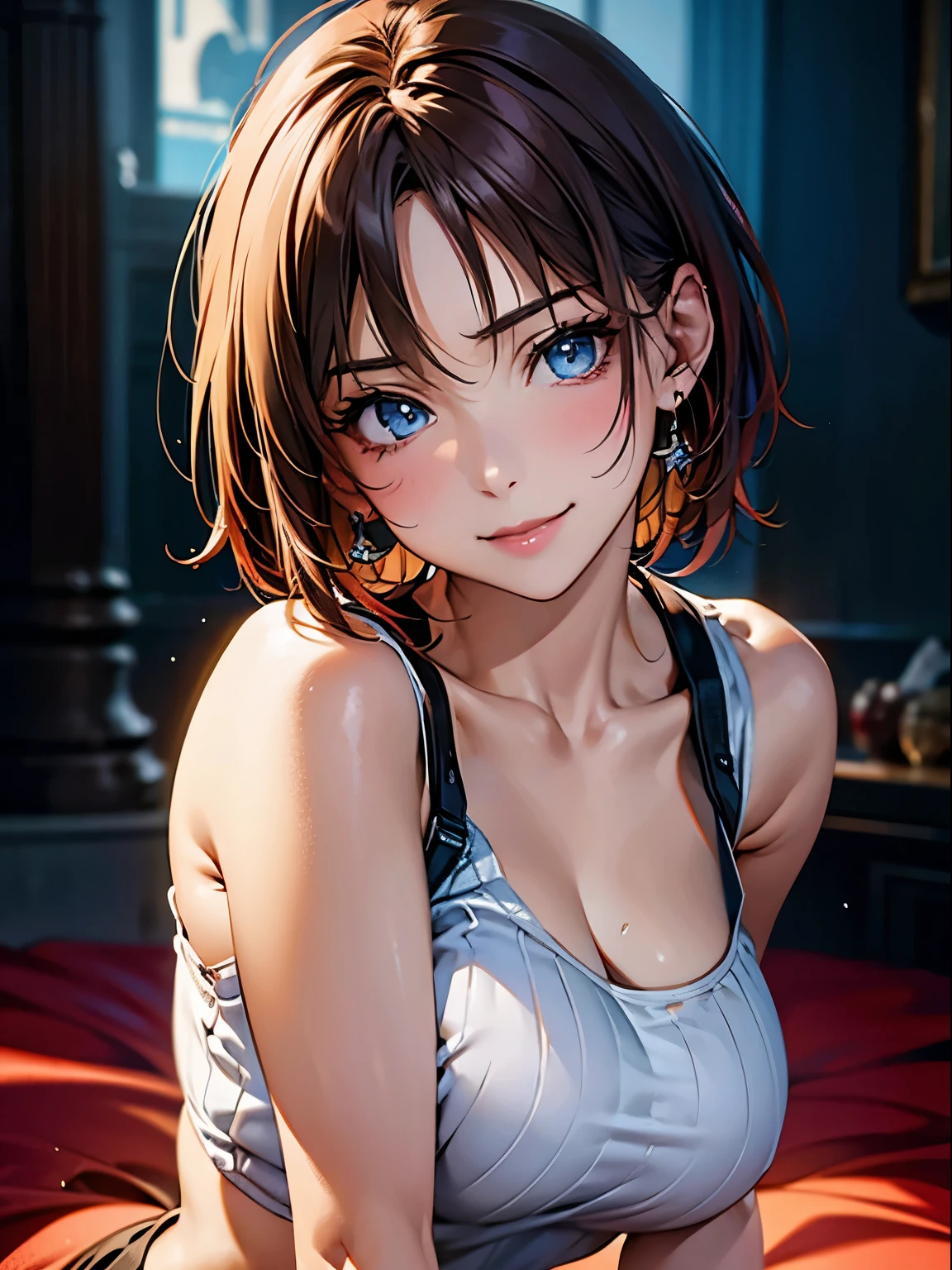 highest quality, Ultra-high resolution, (Realistic: 1.4), beautiful Eyes, Super beautiful, Very short hair, beautiful, lover, Rough chest T-shirt, beautiful Soldier, Eyes that beckon the viewer, loverの視点, Attractive expression, Sexy smile, Perfect Style, Perfect balance, Detailed skin, Mischievous Gaze, I can see your chest