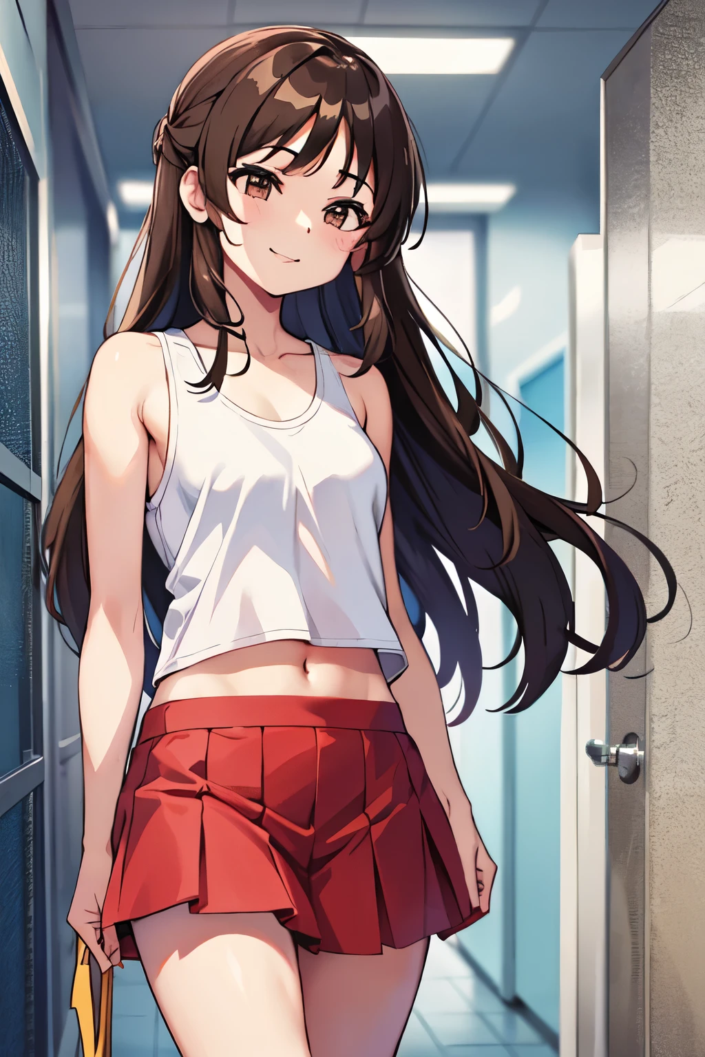 Primary school students、、Long Hair、Small breasts、Small breasts、Embarrassed、Red face、smile、Sweat on the cheekini skirt、Tank top))、Day School、Walking the hallway、Place your hands behind your head、Show your side、Realistic armpits