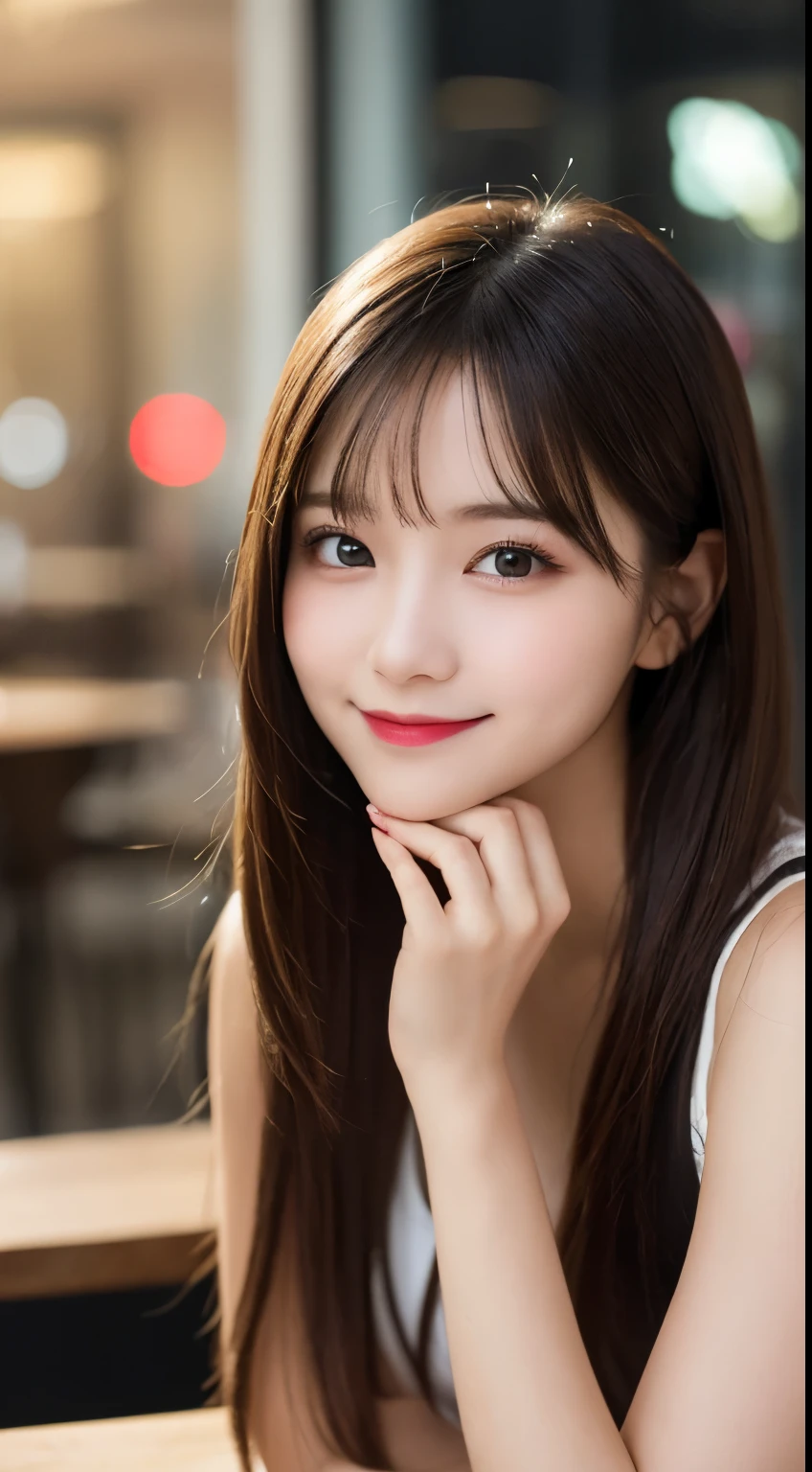 Tabletop, highest quality, shape, Very detailed, finely, High resolution, 8k wallpaper, 完璧なダイナミックな構shape, Beautiful and detailed,ランダムなcute髪,,Natural color lip, Bold sexy pose,smile、20-year-old girl、cute、Looking at the camera,Always blur the background,Perfect and beautiful face,Slim face and figure,Big eyes、Putting on gal makeup,Small face,Shooting from below、smile,Blurred Background,Elegant feminine face、Cyberpunk Fashion、smile