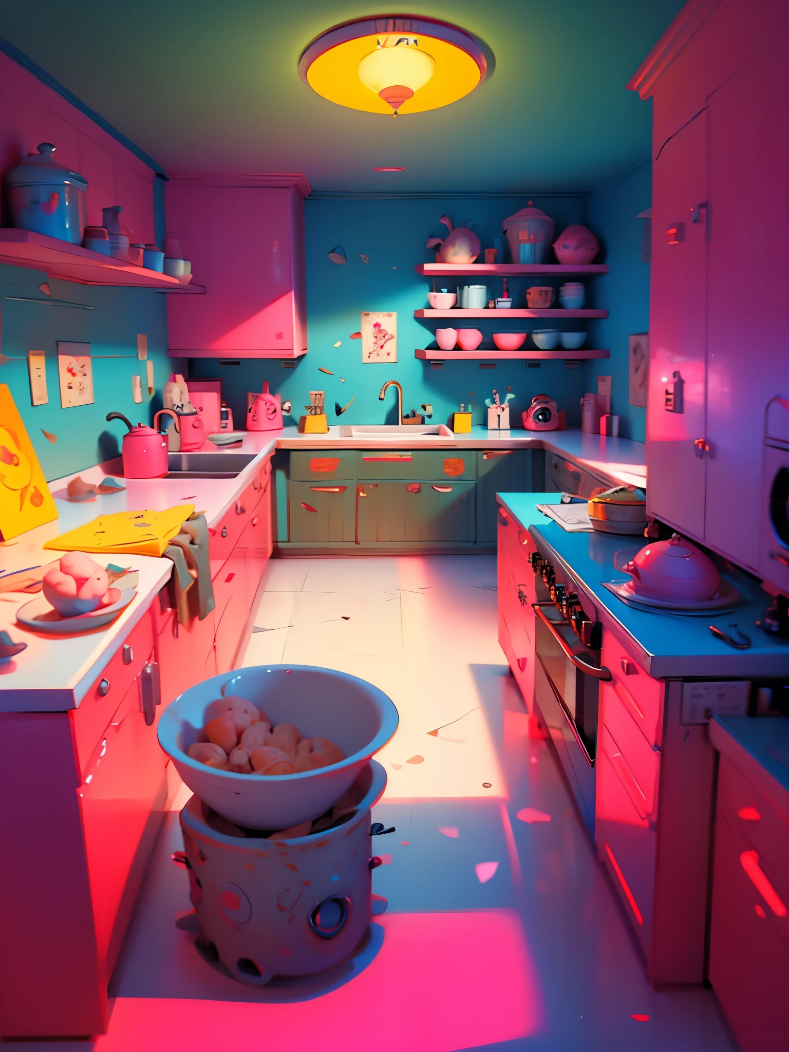 scene design, retro style, The scene design is in a kitchen that is disordered and full of absurdity. The entire space takes on a strange hue of pink and yellow, creating a warm yet incongruous atmosphere.
The kitchen stove is filled with colorful little machines that look like they're from some futuristic science fiction world. These machines are making all kinds of funny grunts and roars, as if they are conducting some incredible cooking experiment.
The floor is littered with all manner of cooking supplies, from giant mixing bowls to tiny foam contraptions, and the whole scene looks like a creative mess.
The walls are covered with strange things