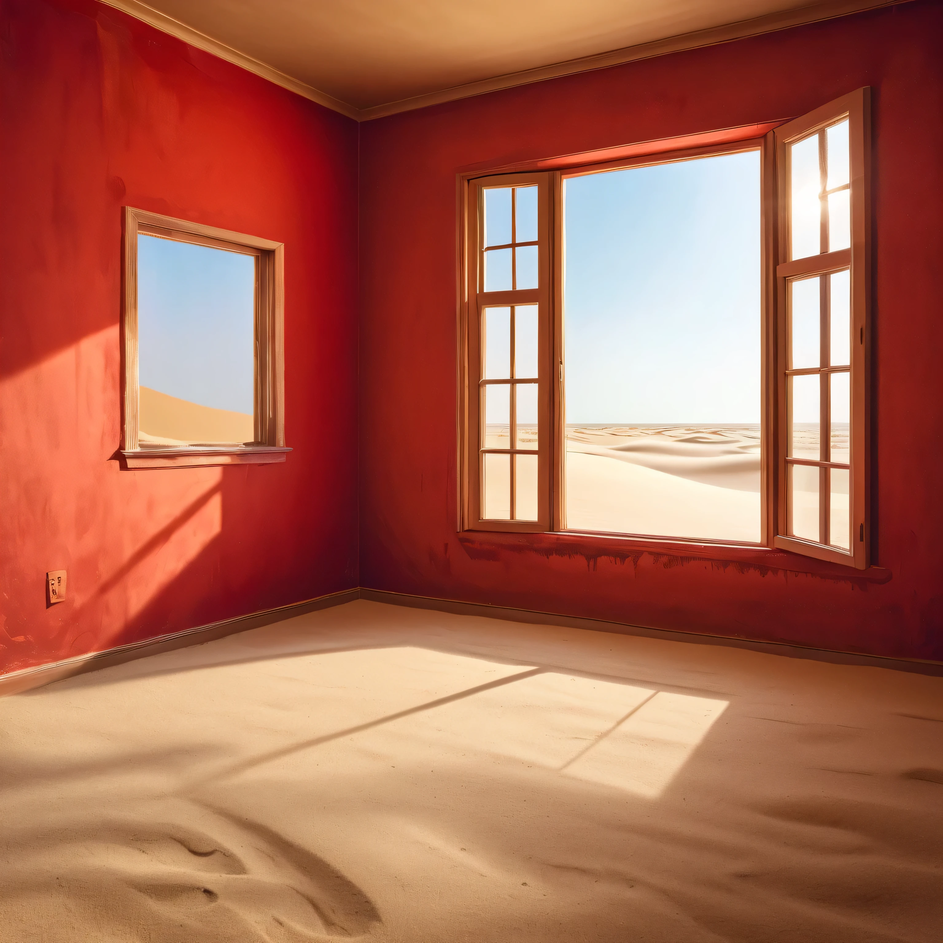 red painted empty room, sand filled room, sand in through window, best quality, ultra-detailed, realistic:1.37, HDR, professional, vivid colors, portraits, warm color tone, soft lighting,pile of sand from the window