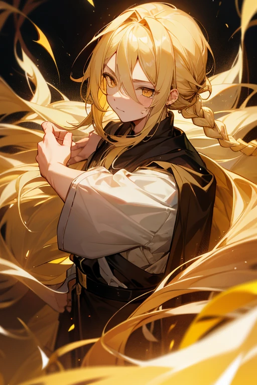 1boy, blonde, long hair, hair tied in a braid, golden eyes