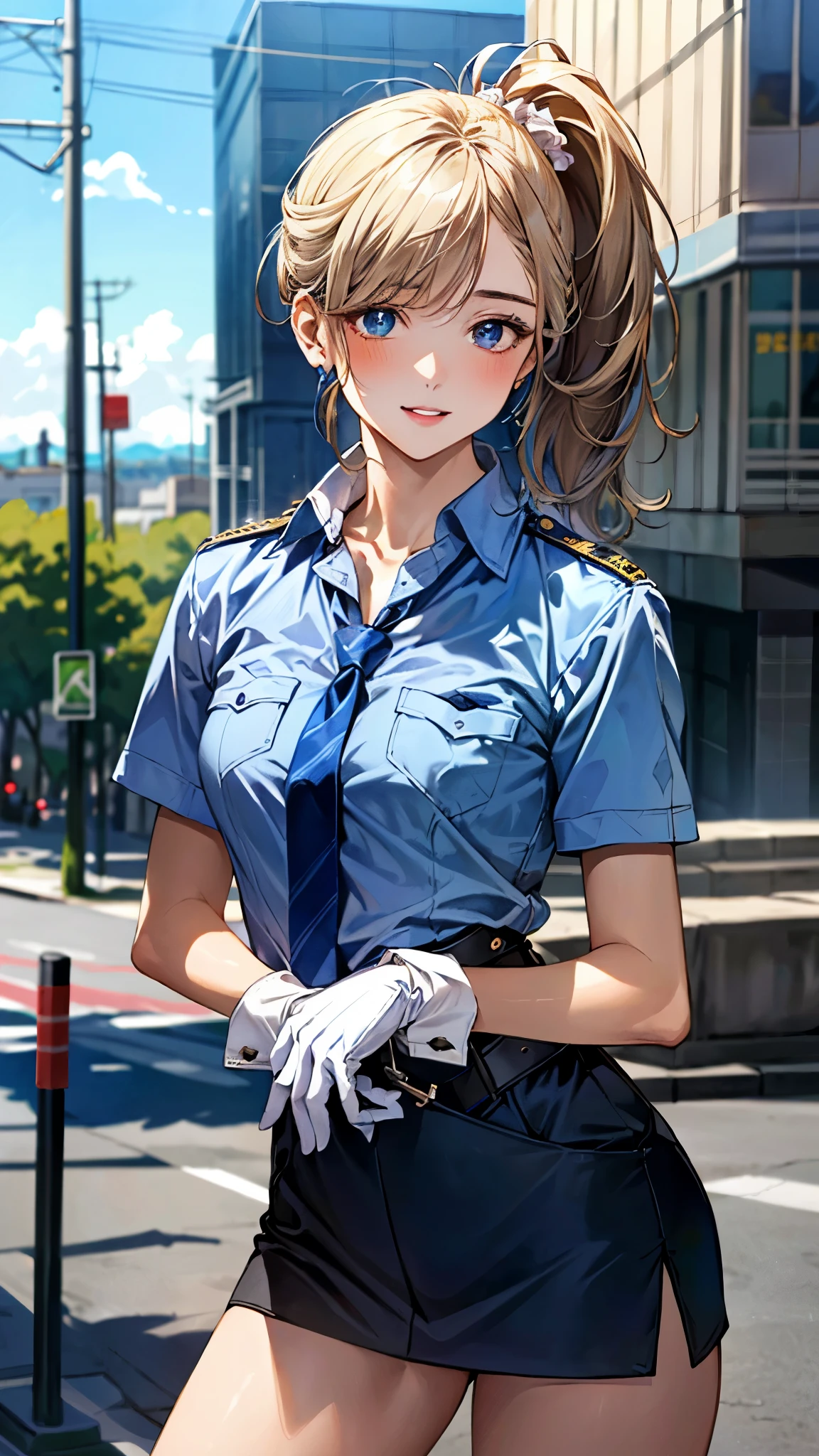 (masterpiece:1.3, top-quality, ultra high resolution, ultra detailed), (realistic, photorealistic:1.4), beautiful illustration, perfect lighting, natural lighting, depth of fields,
beautiful detailed hair, beautiful detailed face, beautiful detailed eyes, beautiful clavicle, beautiful body, beautiful chest, beautiful thigh, beautiful legs, beautiful hands,
looking at viewer, 1 girl, japanese, police girl, (perfect anatomy, anatomically correct), cute and symmetrical face, face, perfect face, perfect eyes, shiny skin,
(long hair:1.5, side ponytail:1.7, blond hair), asymmetrical bangs, blue eyes, long eye lasher, (medium breasts, seductive thighs),
((detailed cloth texture, policewoman uniform, light blue short sleeved shirt, navy necktie, high waisted miniskirt), belt, white gloves, police hat, handcuffs), ,
(beautiful scenery), evening, (city), standing, salute, (lovely smile, upper eyes, parted lips),