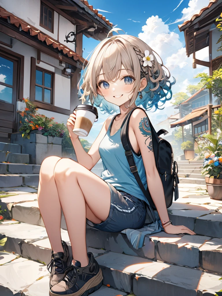 (best quarity,ultra detailed,ultra-high-resolution, 8k, masterpiece), from front, very-cute-and-beautiful-anime-girl,highly-detailed-face-and-eyes,smile, sitting on stone stairs, drinking caffee, tribal_tatoos, gradation hair, wavy hair, hairpins, windy, wearing stylish tanktop clothes, small backpack, plants, flowers, blue sky, 