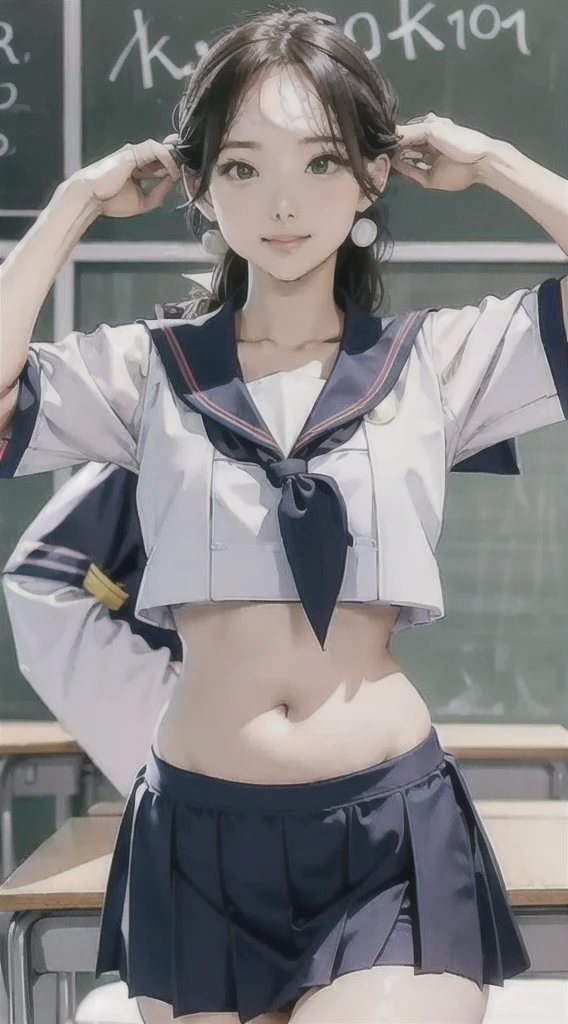 Woman in classroom, ((crop top sailor suit)), blue student skirts, open navel, open belly, 35 year old, adult look