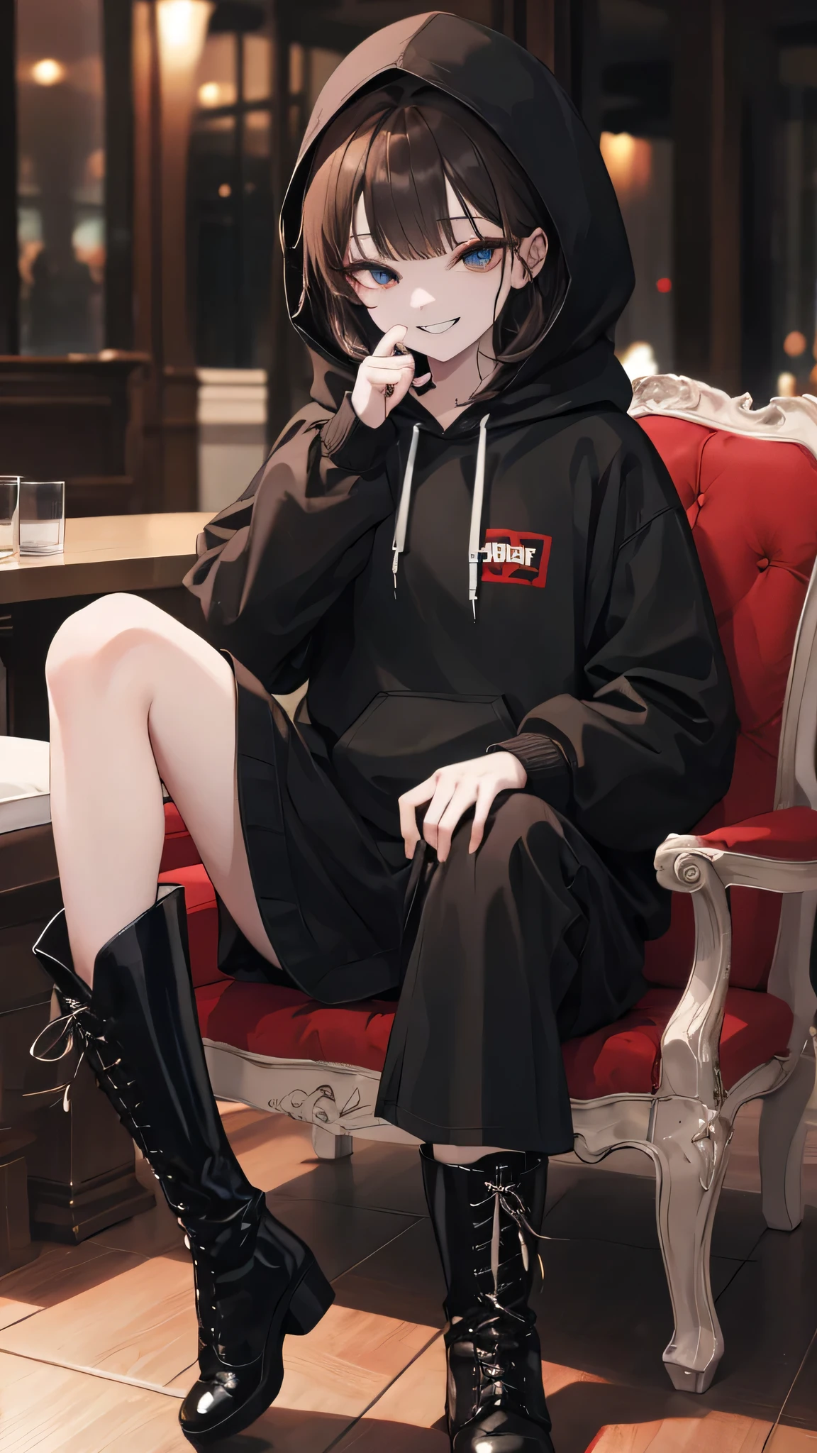 ultra-detailed , best quality, high resolution, master piece ,beautiful eyes, Female 3P、cute、evil grin、Inside the Hotel、Sitting、
black and White hoodie、Red and black hoodie、White hoodie、((black platform boots))、perfect finger、
Brown Hair、Black Hair、Black Hairロング、black eye,Sitting,Chair,